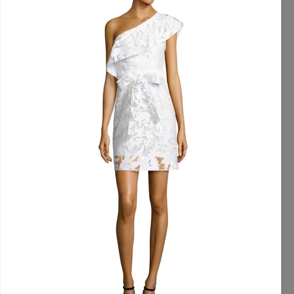 Milly White One-Shoulder Ruffle Tie Waist Dress